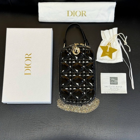 Lady Dior Call'in Dior Phone Holder Crossbody Black Patent Cannage Calfskin phon - Picture 9 of 13
